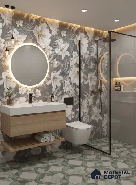 Floral Wall Tile TL 05509 B Lisburn Grey Decor 2 ft x 4 ft Vitrified Lush Plus Matte Finish - 9 mm | 4 Random Design | Suitable for Living Room, Bedroom, Bathroom, Kitchen