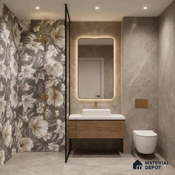 Floral Wall Tile TL 05509 B Lisburn Grey Decor 2 ft x 4 ft Vitrified Lush Plus Matte Finish - 9 mm | 4 Random Design | Suitable for Living Room, Bedroom, Bathroom, Kitchen