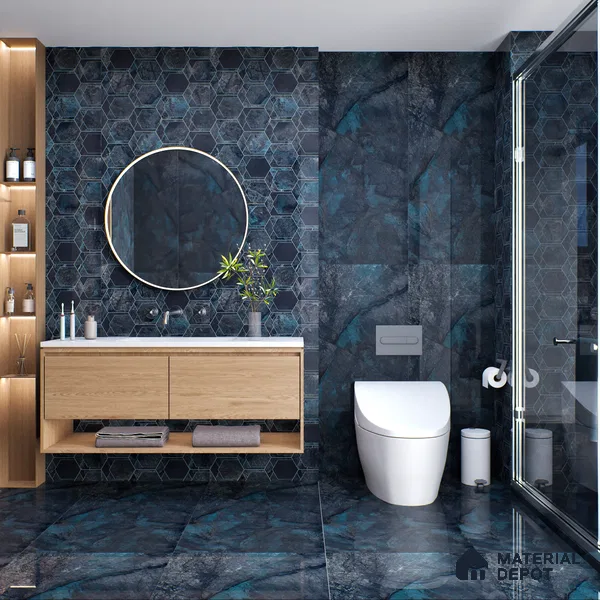 Marble Nero Marquina Wall & Floor Tile TL 05545 B Charcoal Black 4 ft x 2 ft High Gloss Finish Vitrified Tile - 9 mm | Suitable For Living Room, Bedroom, Dining