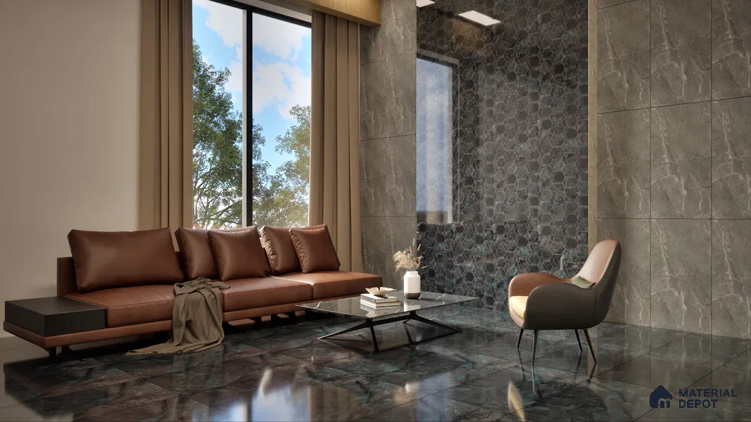 Marble Nero Marquina Wall & Floor Tile TL 05545 B Charcoal Black 4 ft x 2 ft High Gloss Finish Vitrified Tile - 9 mm | Suitable For Living Room, Bedroom, Dining