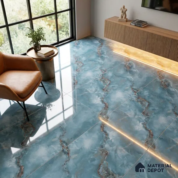 Marble Onyx Wall & Floor Tile TL 05574 Sea Teal 4 ft x 2 ft Glossy Finish Vitrified Tile - 9 mm | 4 Random Designs | Suitable For Living Room, Bedroom, Dining