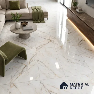 Budget Friendly Marble Calacatta Wall & Floor Value For Money Tile TL 05576 Off-White 4 ft x 2 ft Glossy Finish Vitrified Tile - 9 mm | 4 Random Designs | Suitable For Living Room, Bedroom, Dining