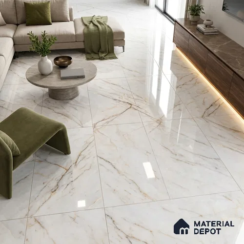 Budget Friendly Marble Calacatta Wall & Floor Value For Money Tile TL 05576 Off-White 4 ft x 2 ft Glossy Finish Vitrified Tile - 9 mm | 4 Random Designs | Suitable For Living Room, Bedroom, Dining