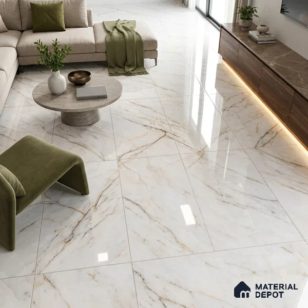 Budget Friendly Marble Calacatta Wall & Floor Value For Money Tile TL 05576 Off-White 4 ft x 2 ft Glossy Finish Vitrified Tile - 9 mm | 4 Random Designs | Suitable For Living Room, Bedroom, Dining