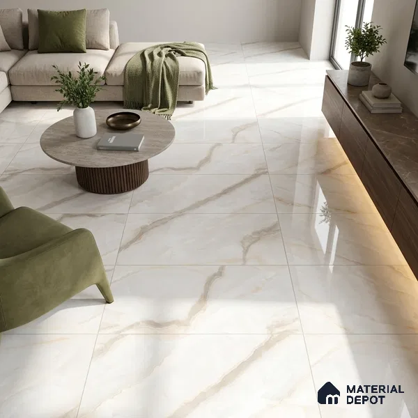 Budget Friendly Marble Onyx Wall & Floor Value For Money Tile TL 05577 Ivory Pearl 4 ft x 2 ft Glossy Finish Vitrified Tile - 9 mm | 4 Random Designs | Suitable For Living Room, Bedroom, Dining