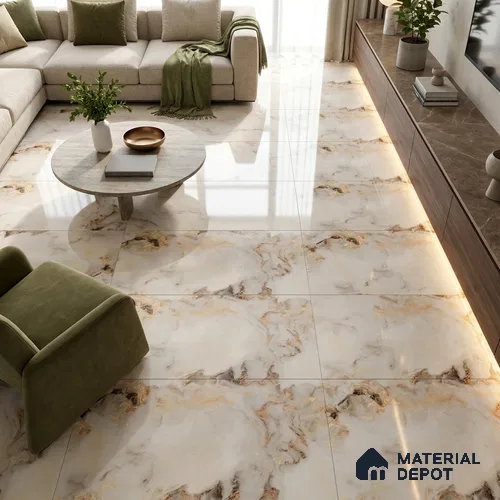 Marble Onyx Wall & Floor Tile TL 05585 Almond Cream 4 ft x 2 ft Glossy Finish Vitrified Tile - 9 mm | Suitable For Living Room, Bedroom, Dining
