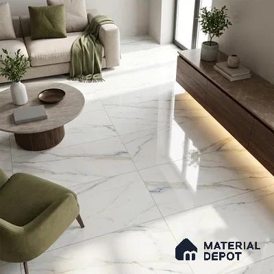 Budget Friendly Marble Calacatta Wall & Floor Value For Money Tile TL 05587 Cool White 4 ft x 2 ft Glossy Finish Vitrified Tile - 9 mm | Suitable For Living Room, Bedroom, Dining