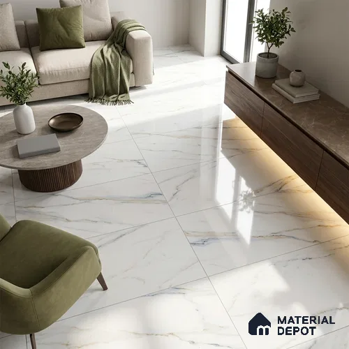 Budget Friendly Marble Calacatta Wall & Floor Value For Money Tile TL 05587 Cool White 4 ft x 2 ft Glossy Finish Vitrified Tile - 9 mm | Suitable For Living Room, Bedroom, Dining