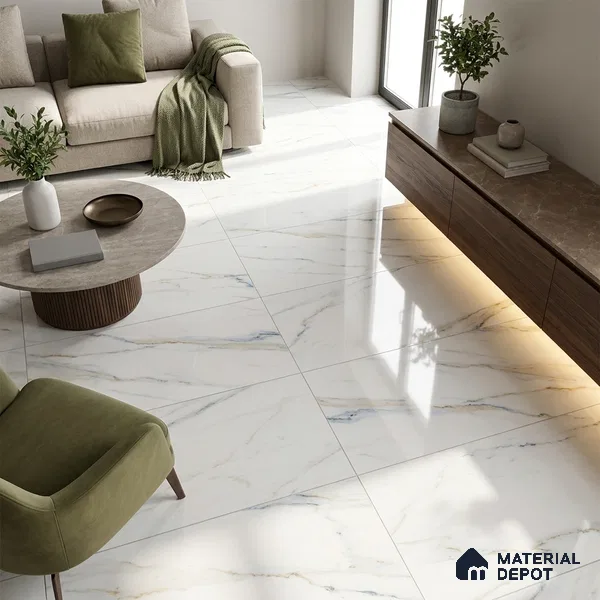 Budget Friendly Marble Calacatta Wall & Floor Value For Money Tile TL 05587 Cool White 4 ft x 2 ft Glossy Finish Vitrified Tile - 9 mm | Suitable For Living Room, Bedroom, Dining