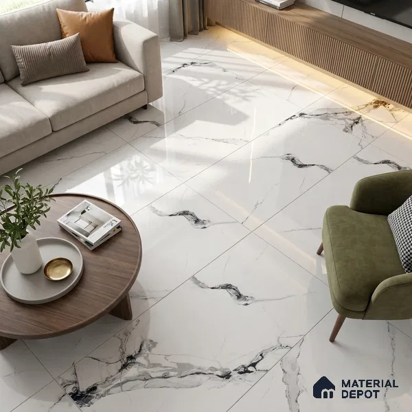 Budget Friendly Marble Statuario Wall & Floor Value For Money Tile TL 05595 Off-White 4 ft x 2 ft Glossy Finish Vitrified Tile - 9 mm | 4 Random Designs | Suitable For Living Room, Bedroom, Dining