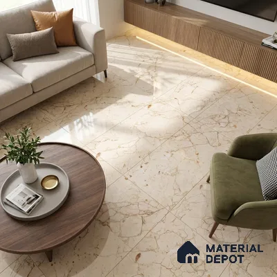 Budget Friendly Marble Crema Marfil Wall & Floor Value For Money Tile TL 05597 Almond Cream 4 ft x 2 ft Glossy Finish Vitrified Tile - 9 mm | 3 Random Designs | Suitable For Living Room, Bedroom, Dining