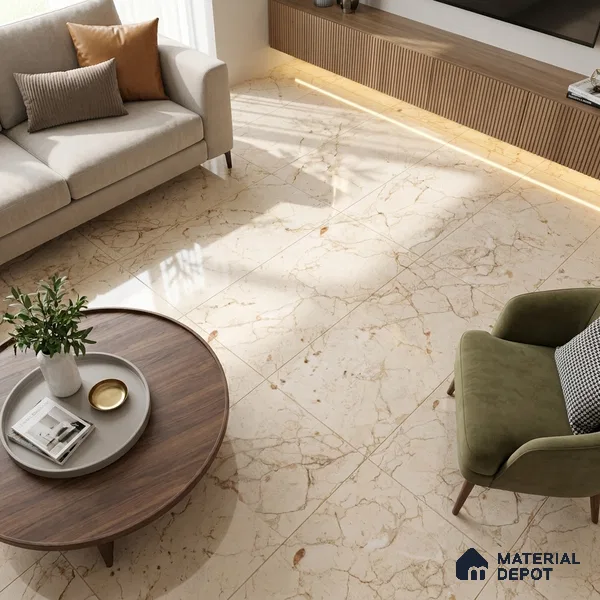 Budget Friendly Marble Crema Marfil Wall & Floor Value For Money Tile TL 05597 Almond Cream 4 ft x 2 ft Glossy Finish Vitrified Tile - 9 mm | 3 Random Designs | Suitable For Living Room, Bedroom, Dining