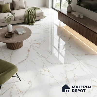 Budget Friendly Marble Calacatta Wall & Floor Value For Money Tile TL 05599 Off-White 4 ft x 2 ft Glossy Finish Vitrified Tile - 9 mm | 3 Random Designs | Suitable For Living Room, Bedroom, Dining