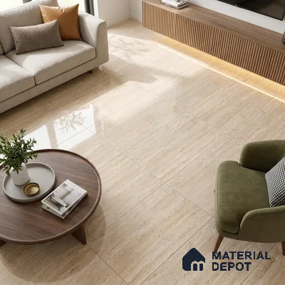 Budget Friendly Marble Travertine Wall & Floor Value For Money Tile TL 05600 Sand Beige 4 ft x 2 ft Glossy Finish Vitrified Tile - 9 mm | Suitable for Living Room, Dining, Feature / Accent Walls