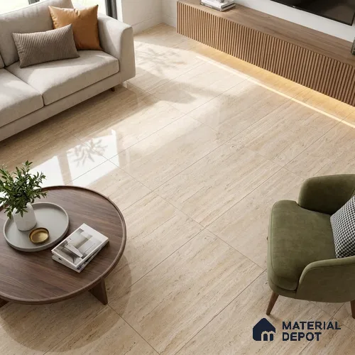 Budget Friendly Marble Travertine Wall & Floor Value For Money Tile TL 05600 Sand Beige 4 ft x 2 ft Glossy Finish Vitrified Tile - 9 mm | Suitable for Living Room, Dining, Feature / Accent Walls