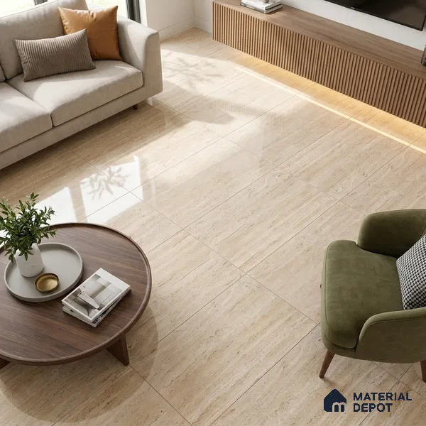Budget Friendly Marble Travertine Wall & Floor Value For Money Tile TL 05600 Sand Beige 4 ft x 2 ft Glossy Finish Vitrified Tile - 9 mm | Suitable for Living Room, Dining, Feature / Accent Walls