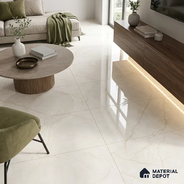 Budget Friendly Marble Crema Marfil Wall & Floor Value For Money Tile TL 05605 Linen Beige 4 ft x 2 ft Glossy Finish Vitrified Tile - 9 mm | Suitable For Living Room, Bedroom, Dining