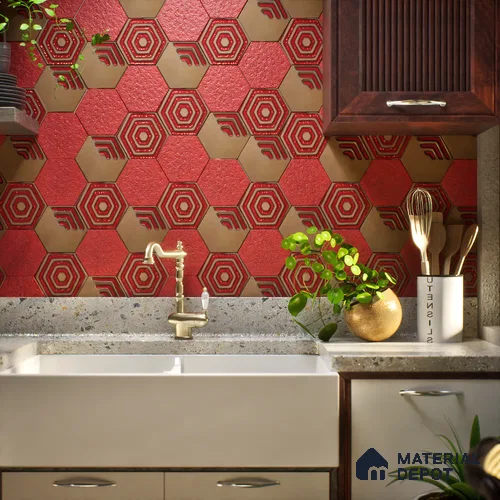 Hexagonal Wall Tile TL 05652 Matrix Crimson Hex 6 x 6 inch Ceramic Matte Finish - 9 mm | 2 Random Faces | Suitable for Living Room, Bathroom, Kitchen & Backsplash