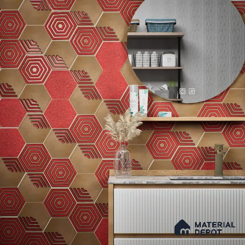 Hexagonal Wall Tile TL 05652 Matrix Crimson Hex 6 x 6 inch Ceramic Matte Finish - 9 mm | 2 Random Faces | Suitable for Living Room, Bathroom, Kitchen & Backsplash