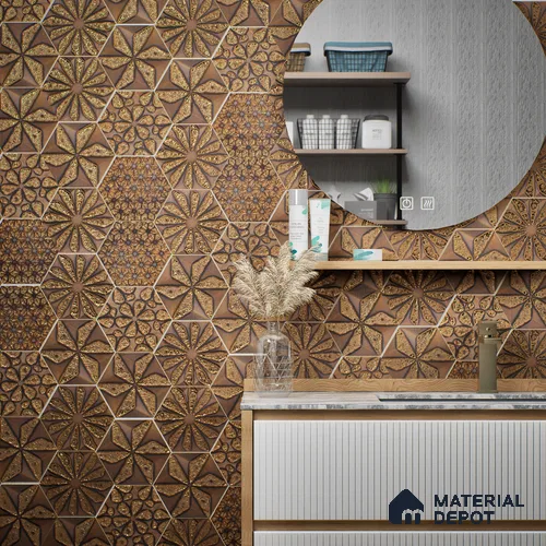 Hexagonal Wall Tile TL 05653 Matrix Unique Gold 6 x 6 inch Ceramic Matte Finish - 9 mm | 4 Random Faces | Suitable for Living Room, Bathroom, Kitchen & Backsplash