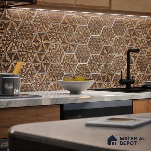 Hexagonal Wall Tile TL 05653 Matrix Unique Gold 6 x 6 inch Ceramic Matte Finish - 9 mm | 4 Random Faces | Suitable for Living Room, Bathroom, Kitchen & Backsplash