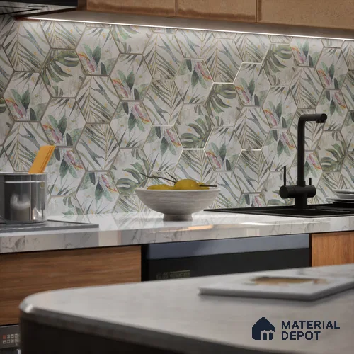 Hexagonal Wall Tile TL 05654 Matrix Jungle Emerald 6 x 6 inch Ceramic Matte Finish - 9 mm | 4 Random Faces | Suitable for Living Room, Bathroom, Kitchen & Backsplash