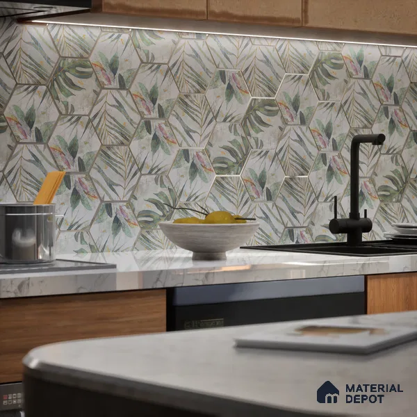 Hexagonal Wall Tile TL 05654 Matrix Jungle Emerald 6 x 6 inch Ceramic Matte Finish - 9 mm | 4 Random Faces | Suitable for Living Room, Bathroom, Kitchen & Backsplash