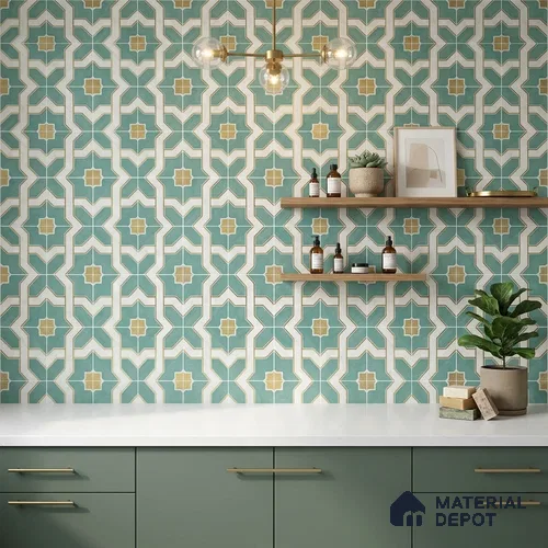 Multifired Moroccan Floor & Wall Tile TL 05663 B Zellige Sage Damask 1 ft x 1 ft Vitrified Matte Finish - 9 mm | Suitable for Kitchen, Bathroom, Balcony