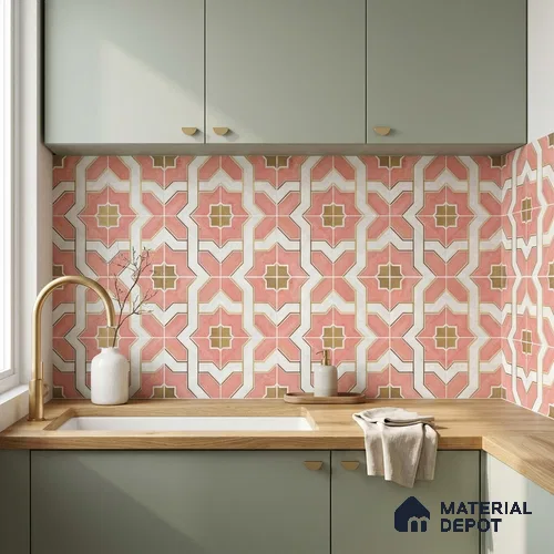 Multifired Moroccan Floor & Wall Tile TL 05663 Zellige Blush Damask 1 ft x 1 ft Vitrified Matte Finish - 9 mm | Suitable for Kitchen, Bathroom, Balcony