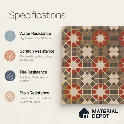 Multifired Moroccan Floor & Wall Tile TL 05665 Zellige Scarlet Festival 12 x 12 inch Vitrified Matte Finish - 9 mm | Suitable for Living Room, Bathroom, Kitchen & Backsplash