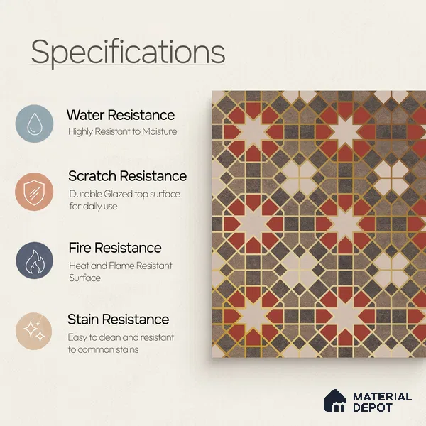 Multifired Moroccan Floor & Wall Tile TL 05665 Zellige Scarlet Festival 12 x 12 inch Vitrified Matte Finish - 9 mm | Suitable for Living Room, Bathroom, Kitchen & Backsplash