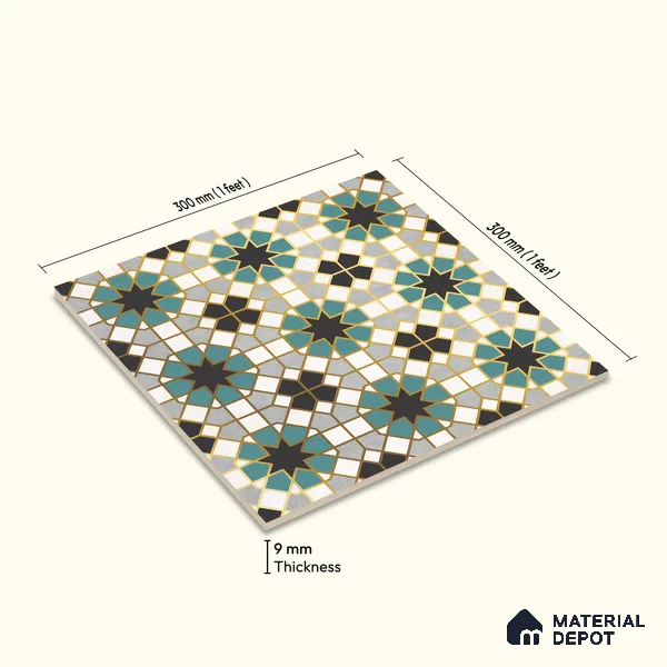 Multifired Moroccan Floor & Wall Tile TL 05666 Zellige Labyrinth Celebration 1 ft x 1 ft Vitrified Matte Finish - 9 mm | Suitable for Bathroom, Kitchen & Backsplash