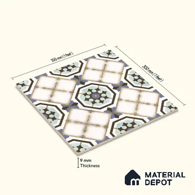 Multifired Moroccan Floor & Wall Tile TL 05668 Zellige Prismatic Blue 12 x 12 inch Vitrified Matte Finish - 9 mm | Suitable for Living Room, Bathroom, Kitchen & Backsplash