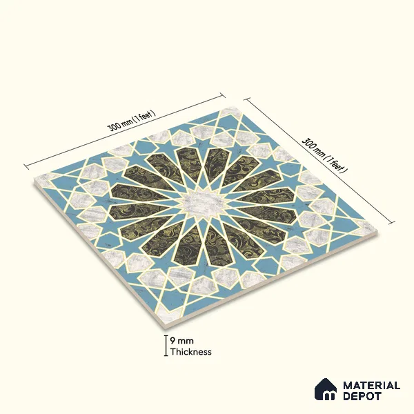 Multifired Moroccan Floor & Wall Tile TL 05669 B Zellige Sapphire Arabesque 12 x 12 inch Vitrified Matte Finish - 9 mm | Suitable for Living Room, Bathroom, Kitchen & Backsplash