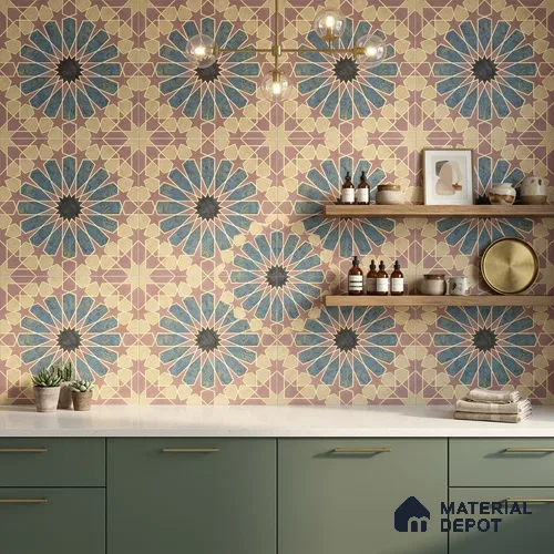 Multifired Moroccan Floor & Wall Tile TL 05669 Zellige Rose Arabesque 1 ft x 1 ft Vitrified Matte Finish - 9 mm | Suitable for Kitchen, Bathroom, Balcony