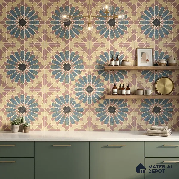 Multifired Moroccan Floor & Wall Tile TL 05669 Zellige Rose Arabesque 12 x 12 inch Vitrified Matte Finish - 9 mm | Suitable for Living Room, Bathroom, Kitchen & Backsplash