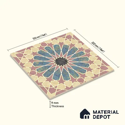 Multifired Moroccan Floor & Wall Tile TL 05669 Zellige Rose Arabesque 12 x 12 inch Vitrified Matte Finish - 9 mm | Suitable for Living Room, Bathroom, Kitchen & Backsplash