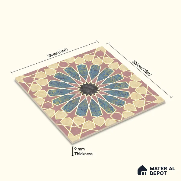 Multifired Moroccan Floor & Wall Tile TL 05669 Zellige Rose Arabesque 12 x 12 inch Vitrified Matte Finish - 9 mm | Suitable for Living Room, Bathroom, Kitchen & Backsplash