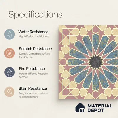Multifired Moroccan Floor & Wall Tile TL 05669 Zellige Rose Arabesque 12 x 12 inch Vitrified Matte Finish - 9 mm | Suitable for Living Room, Bathroom, Kitchen & Backsplash