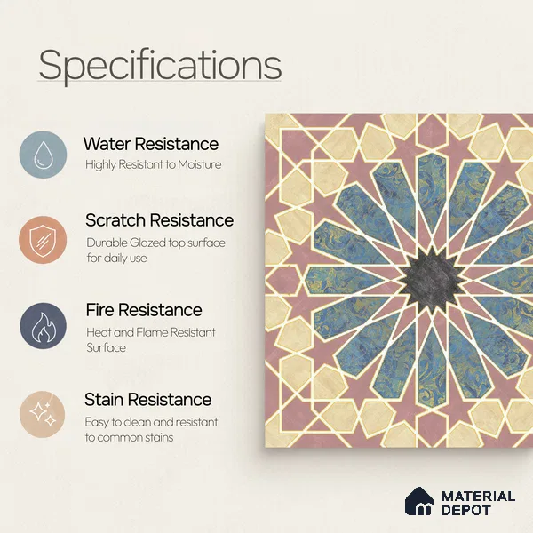 Multifired Moroccan Floor & Wall Tile TL 05669 Zellige Rose Arabesque 12 x 12 inch Vitrified Matte Finish - 9 mm | Suitable for Living Room, Bathroom, Kitchen & Backsplash