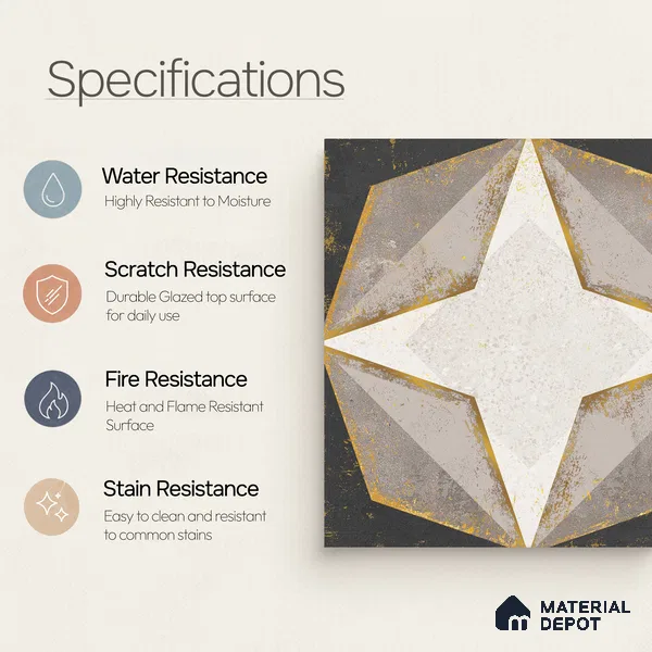 Multifired Moroccan Floor & Wall Tile TL 05675 B Zellige Dark Star 12 x 12 inch Vitrified Matte Finish - 9 mm | Suitable for Living Room, Bathroom, Kitchen & Backsplash
