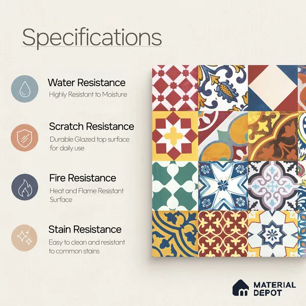 Multifired Moroccan Floor & Wall Tile TL 05687 Zellige Golden Klimt 1 ft x 1 ft Vitrified Matte Finish - 9 mm | Suitable for Kitchen, Bathroom, Balcony