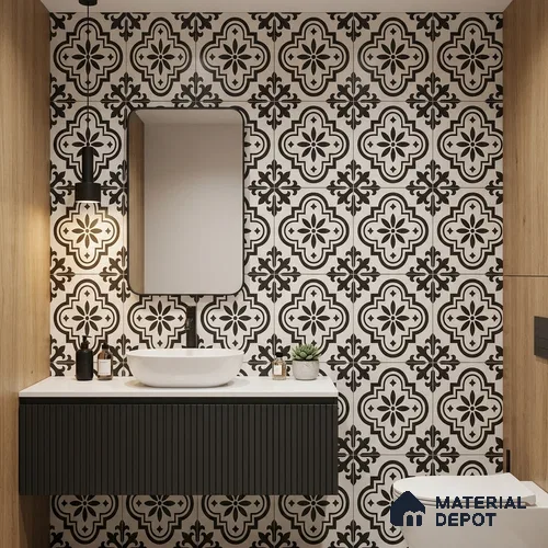 Multifired Moroccan Floor & Wall Tile TL 05696 Zellige Floral Lines 1 ft x 1 ft Vitrified Matte Finish - 9 mm | Suitable for Kitchen, Bathroom, Balcony