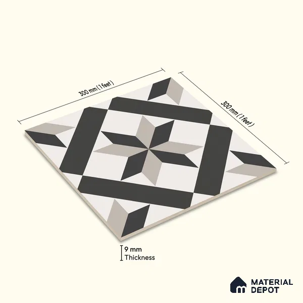 Multifired Moroccan Floor & Wall Tile TL 05701 Zellige Lined Flora 12 x 12 inch Vitrified Matte Finish - 9 mm | Suitable for Living Room, Bathroom, Kitchen & Backsplash