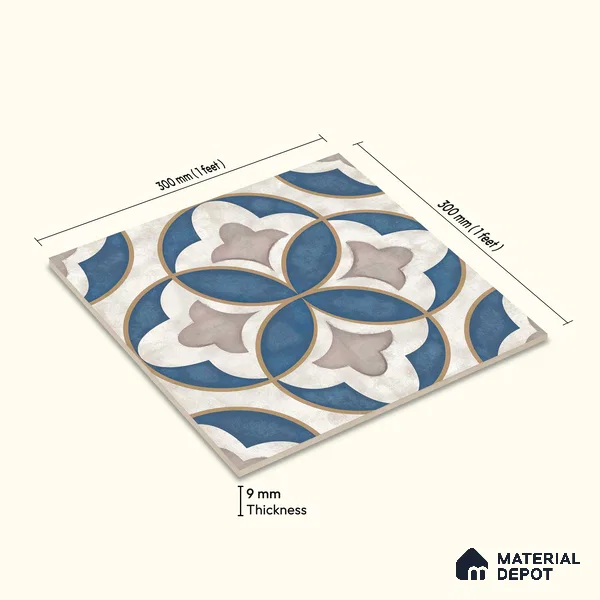 Multifired Moroccan Floor & Wall Tile TL 05702 Zellige Iris Design 12 x 12 inch Vitrified Matte Finish - 9 mm | Suitable for Living Room, Bathroom, Kitchen & Backsplash