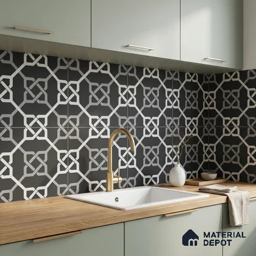 Multifired Moroccan Floor & Wall Tile TL 05706 B Zellige Black Geometrics 1 ft x 1 ft Vitrified Matte Finish - 9 mm | Suitable for Kitchen, Bathroom, Entryway