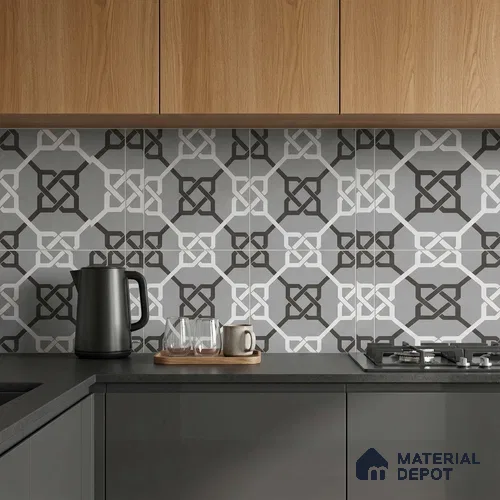 Multifired Moroccan Floor & Wall Tile TL 05706 Zellige Grey Geometrics 1 ft x 1 ft Vitrified Matte Finish - 9 mm | Suitable for Kitchen, Bathroom, Entryway