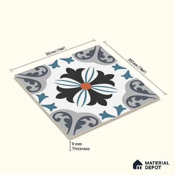 Multifired Moroccan Floor & Wall Tile TL 05714 Zellige Enigmatic Floral 12 x 12 inch Vitrified Matte Finish - 9 mm | Suitable for Living Room, Bathroom,Kitchen & Backsplash