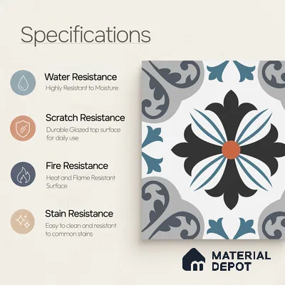 Multifired Moroccan Floor & Wall Tile TL 05714 Zellige Enigmatic Floral 12 x 12 inch Vitrified Matte Finish - 9 mm | Suitable for Living Room, Bathroom,Kitchen & Backsplash