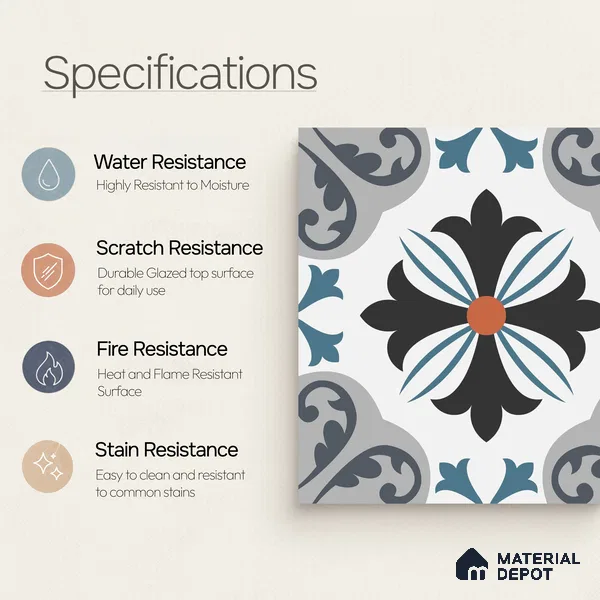Multifired Moroccan Floor & Wall Tile TL 05714 Zellige Enigmatic Floral 12 x 12 inch Vitrified Matte Finish - 9 mm | Suitable for Living Room, Bathroom,Kitchen & Backsplash